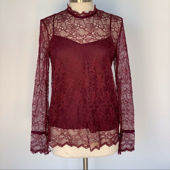 Theory Sheer Lace Long Sleeve Blouse With Tank Top - Size Medium - Picture 5 of 12